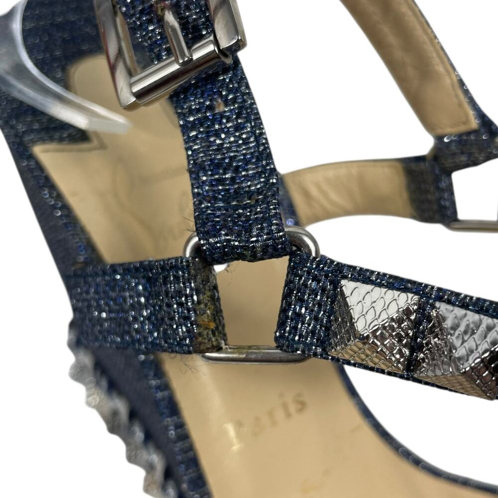 Christian Louboutin Lame Lux Pyraclou 110 Denim Wedge Sandal Blue Size 41 - Picture 12 of 14